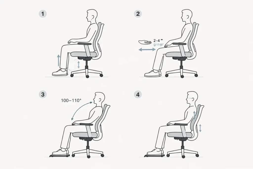 4-panel instructional illustration showing office chair adjustments