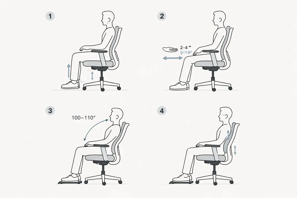 Four-panel office chair adjustment guide showing seat height, depth, armrest, and lumbar positions