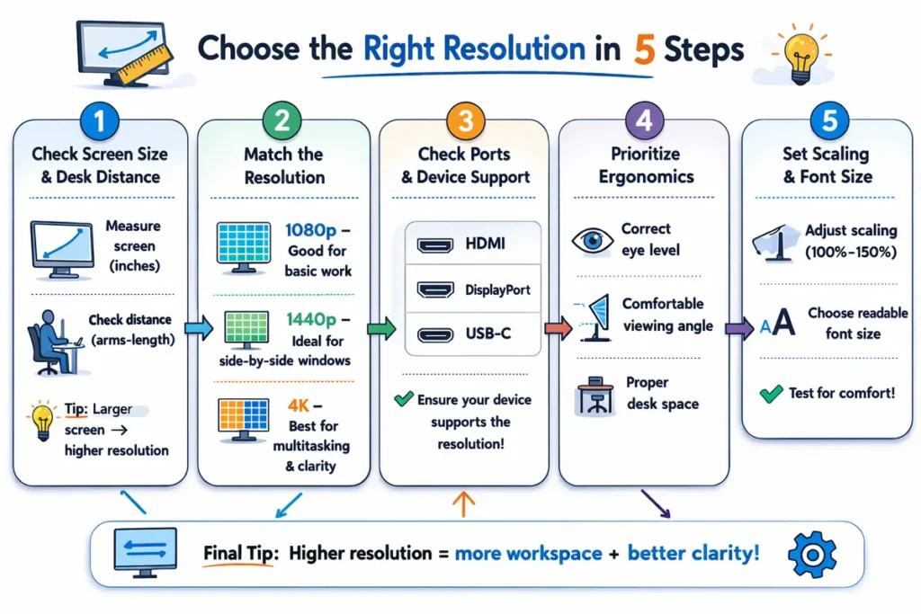 1080p vs 1440p vs 4K for Office Work: 7 Proven Ways to Choose the Best Resolution by Screen Size 5 5-step buying checklist flow graphic