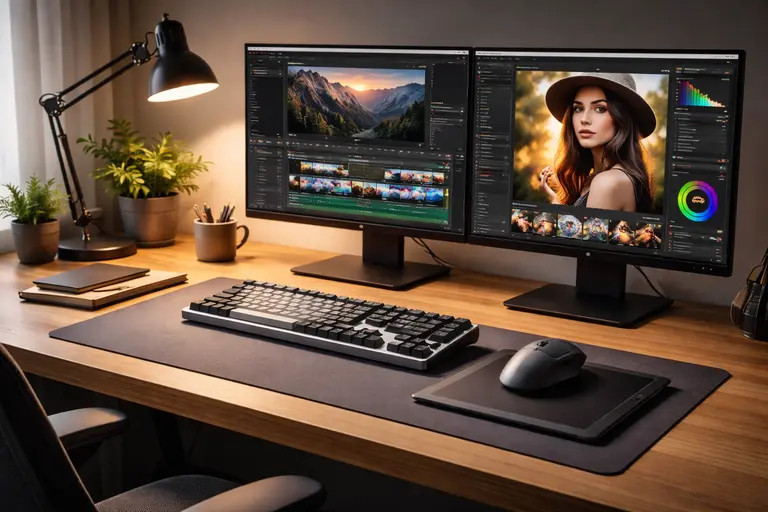 a creative professional workspace desk with keyboard & mouse  