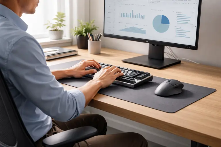 office workspace wit slim keyboard & wireless mouse