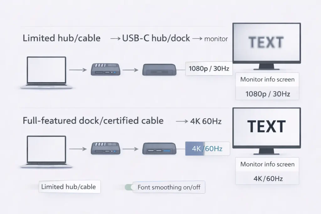 How to Fix Blurry Text on a Monitor (Windows & Mac): Scaling, Sharpness, Cables 5 Cable-dock bottleneck diagram