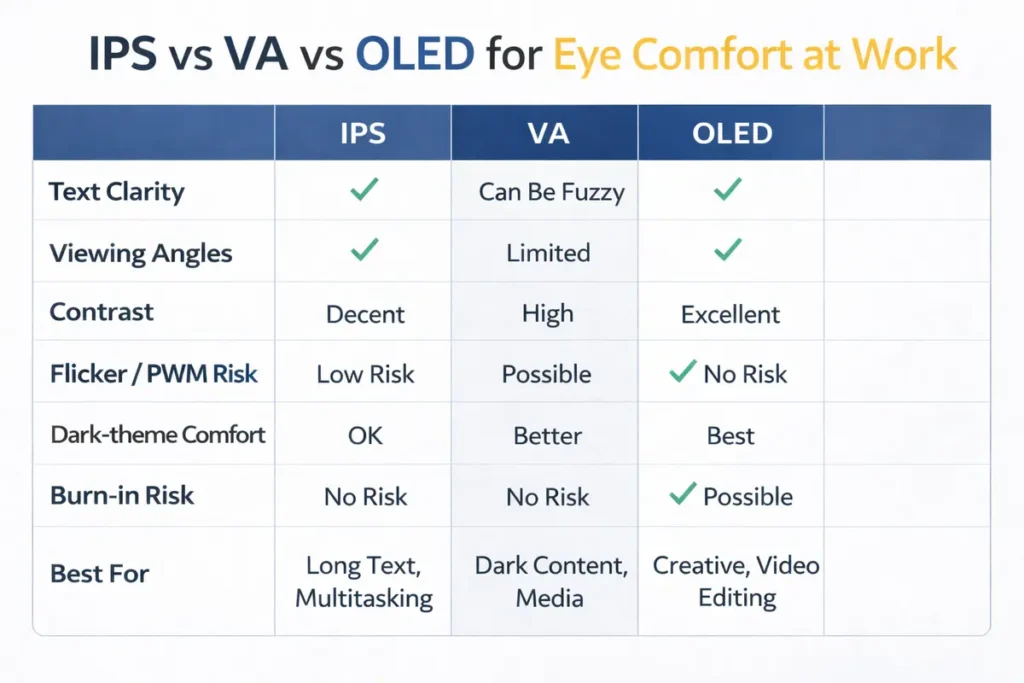IPS vs VA vs OLED for Work: Which Is Best for Your Eyes? (7 Key Truths) 4 IPS vs VA vs OLED for Eye Comfort