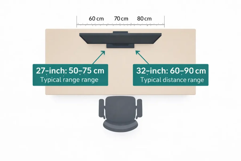 27 vs 32 Inch Monitor for Productivity (Work, Coding, Spreadsheets) – Ultimate 2026 Cornerstone Guide 2 Desk depth + viewing distance diagram