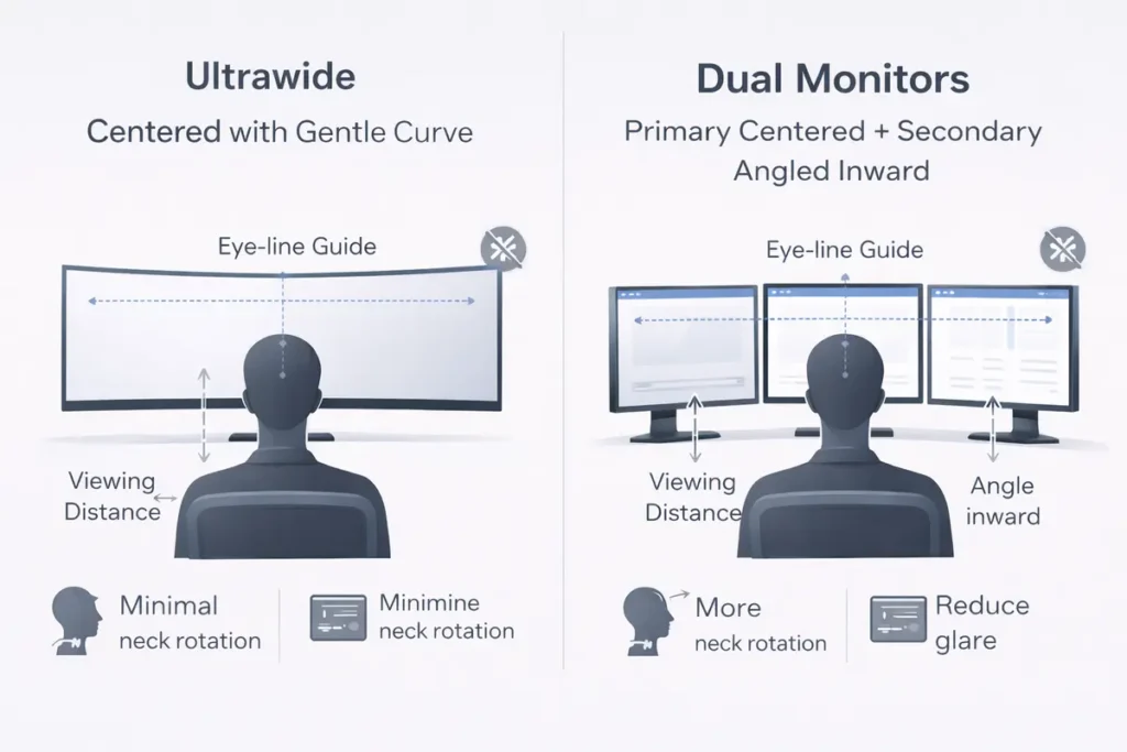 Ultrawide vs Dual Monitors: 7 Real Productivity Differences That Actually Matter 4 Ergonomics diagram comparing optimal setup
