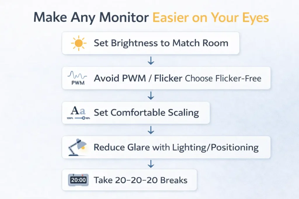 IPS vs VA vs OLED for Work: Which Is Best for Your Eyes? (7 Key Truths) 5 Flowchart infographic titled ‘Make Any Monitor Easier on Your Eyes'