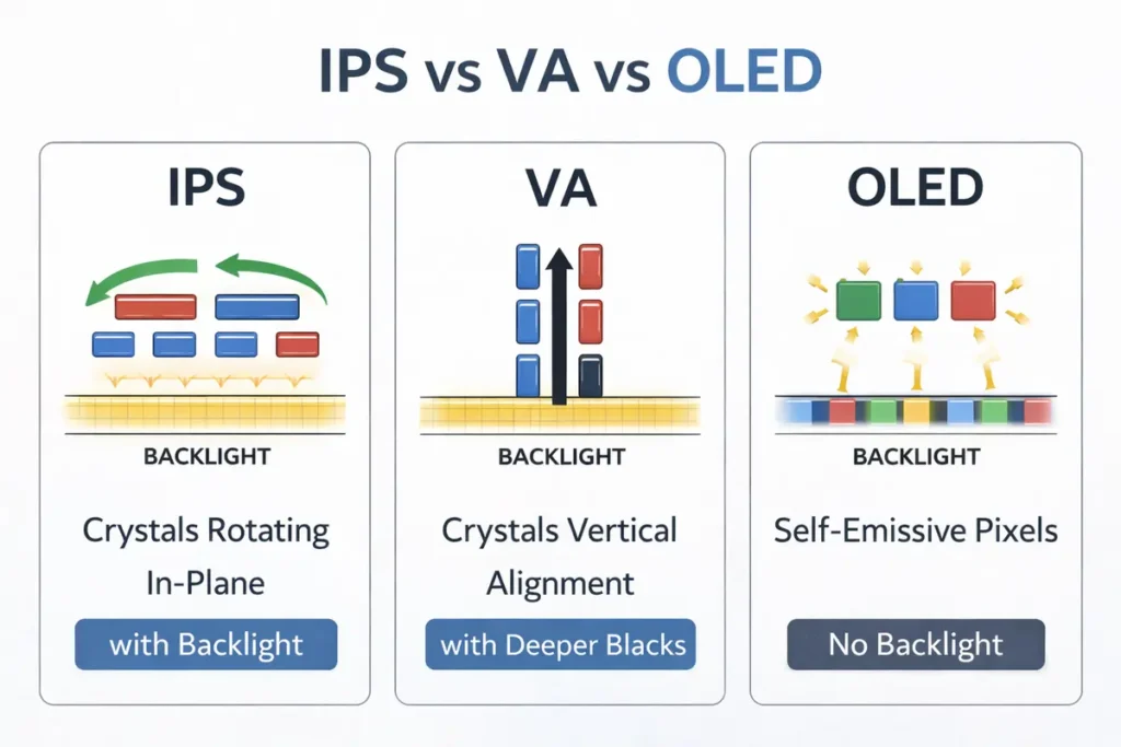 IPS vs VA vs OLED for Work: Which Is Best for Your Eyes? (7 Key Truths) 3 IPS vs VA vs OLED explained