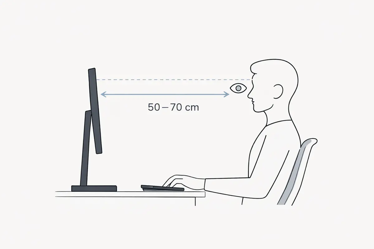 Monitor placement diagram showing correct height and distance for ergonomic setup