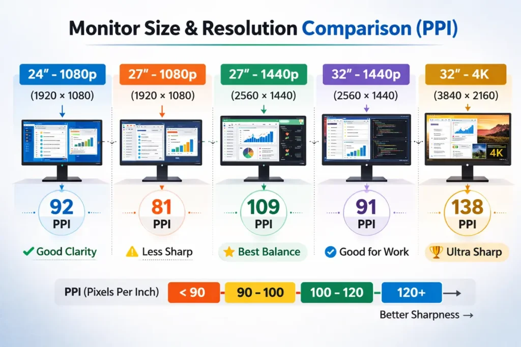 1080p vs 1440p vs 4K for Office Work: 7 Proven Ways to Choose the Best Resolution by Screen Size 2 PPI comparison chart