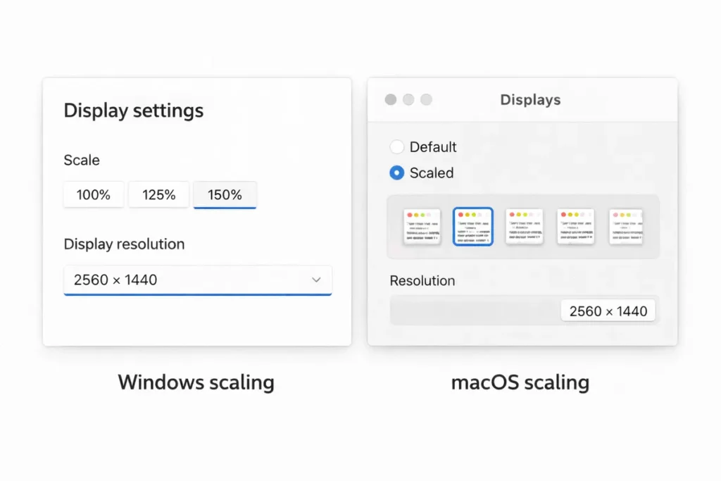 27 vs 32 Inch Monitor for Productivity (Work, Coding, Spreadsheets) – Ultimate 2026 Cornerstone Guide 4 Scaling settings screenshots (Windows + macOS style)