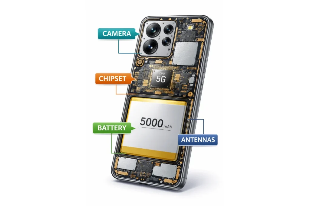 Mobile Devices: The Ultimate Foundational Guide for Smarter, Safer, Longer-Lasting Use 2 Smartphone hardware components: chipset, battery, camera, antennas.