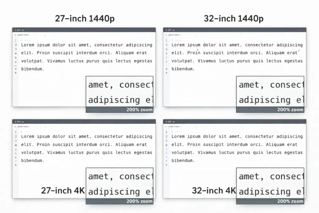 27 vs 32 Inch Monitor for Productivity (Work, Coding, Spreadsheets) – Ultimate 2026 Cornerstone Guide 3 Text clarity PPI comparison