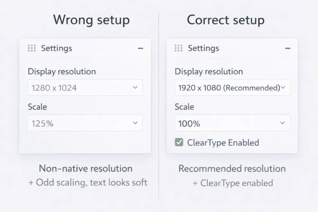 How to Fix Blurry Text on a Monitor (Windows & Mac): Scaling, Sharpness, Cables 3 Windows scaling + ClearType visual explainer