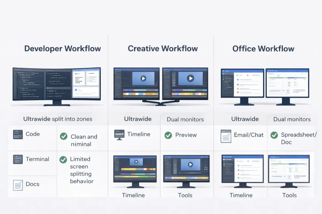 Ultrawide vs Dual Monitors: 7 Real Productivity Differences That Actually Matter 3 Workflow examples by user type (developers, creatives, office)