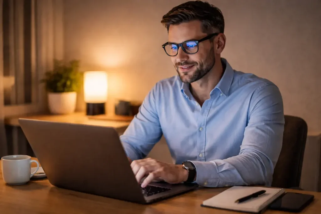 Productivity Gadgets for Home and Office 12 Blue Light Glasses Evening Work Scene