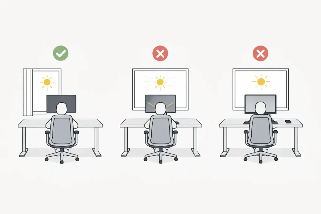 diagram illustrating desk and monitor with window placement for better ergonomics