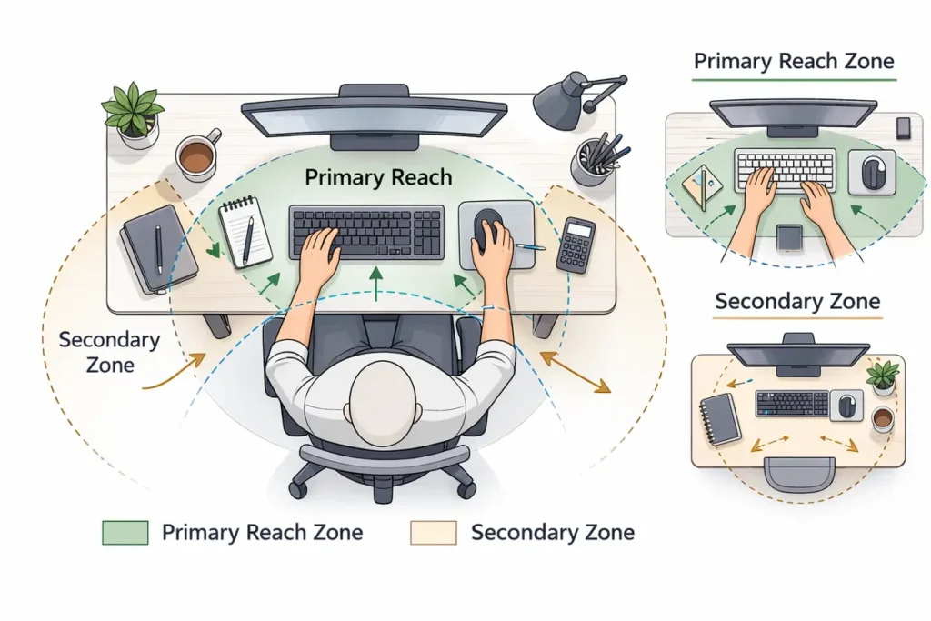 Desk “reach zones” layout graphic
