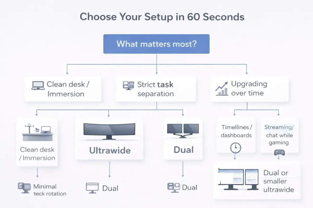 Ultrawide vs Dual Monitors: 7 Real Productivity Differences That Actually Matter 5 Decision flowchart titled ‘Choose Your Setup in 60 Seconds’