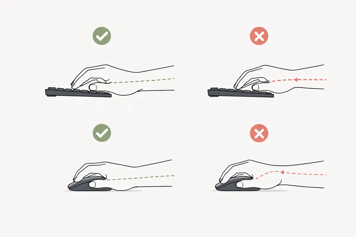 Proper hand position on keyboard and mouse showing neutral wrist alignment