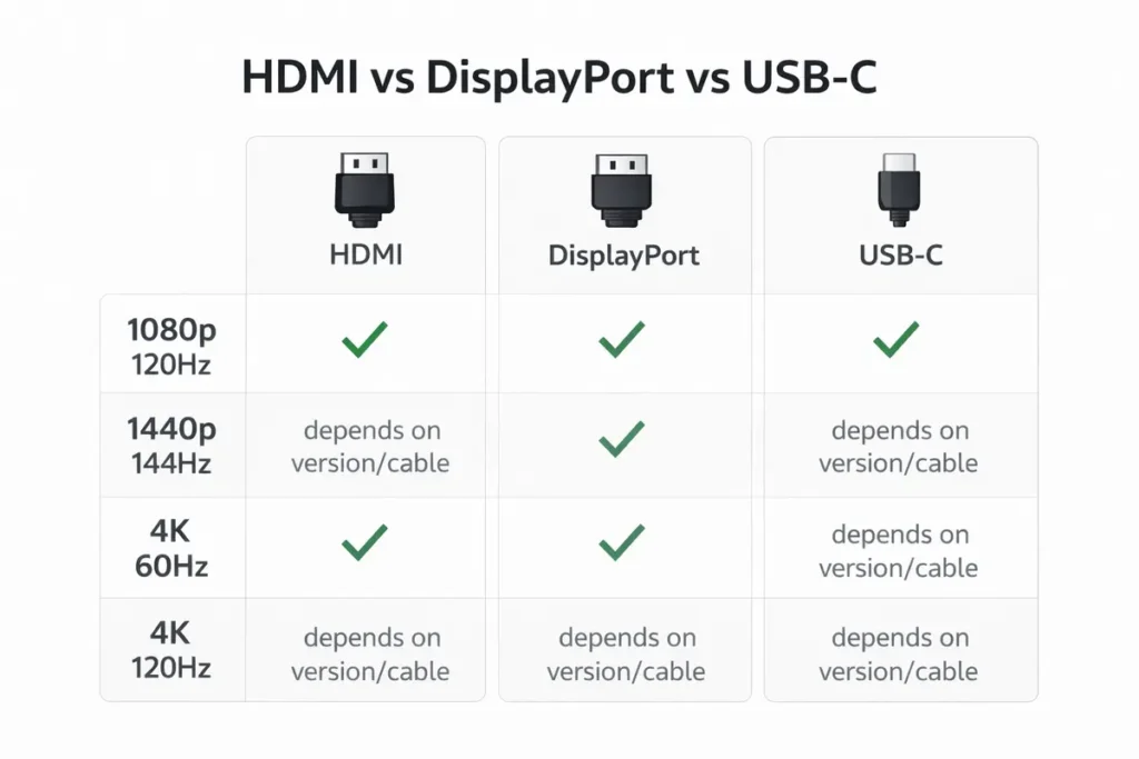 comparison chart titled ‘HDMI vs DisplayPort vs USB-C