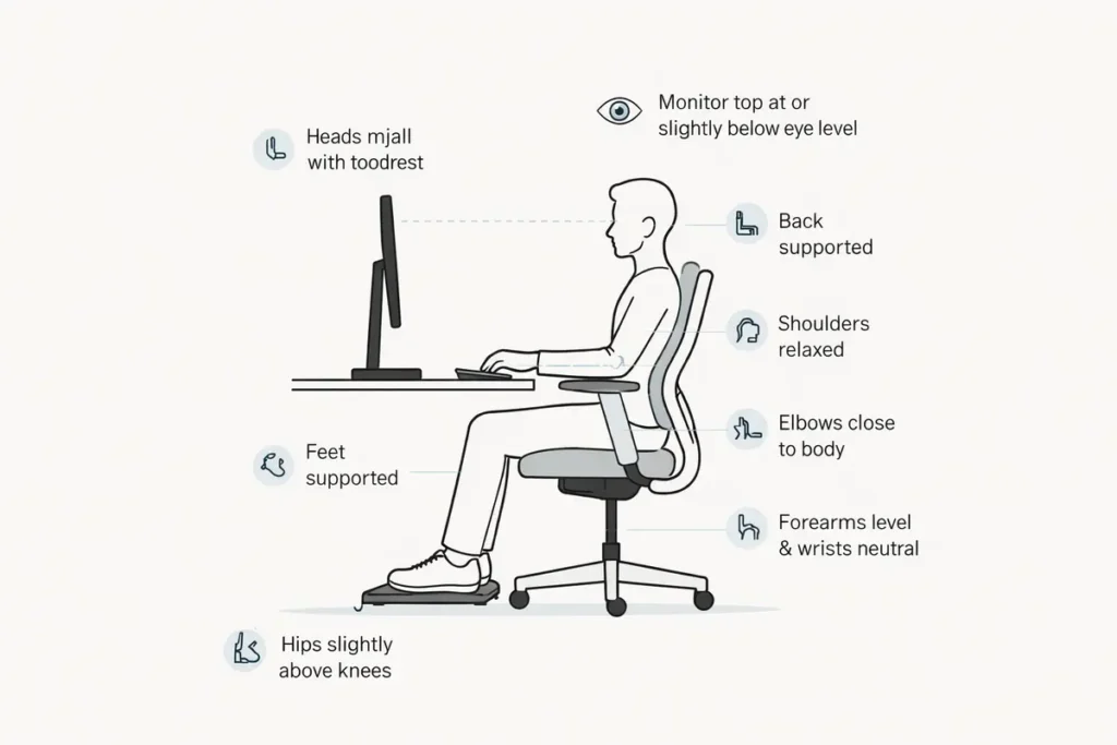 nfographic poster layout showing an ergonomic seated posture with callouts: feet supported