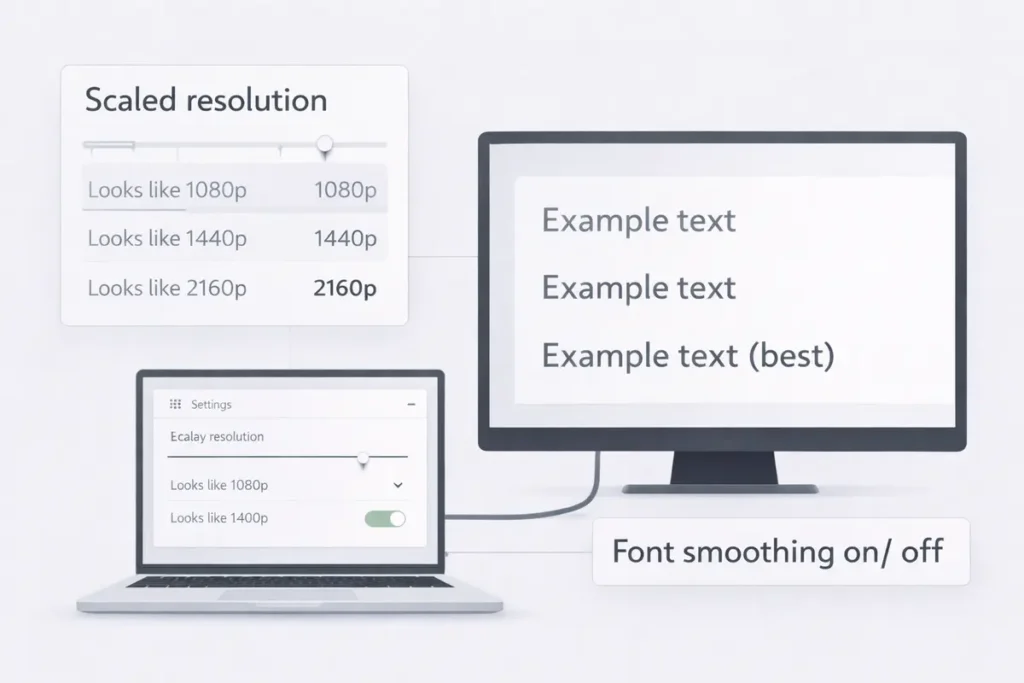 How to Fix Blurry Text on a Monitor (Windows & Mac): Scaling, Sharpness, Cables 4 macOS scaled resolution + font smoothing explainer