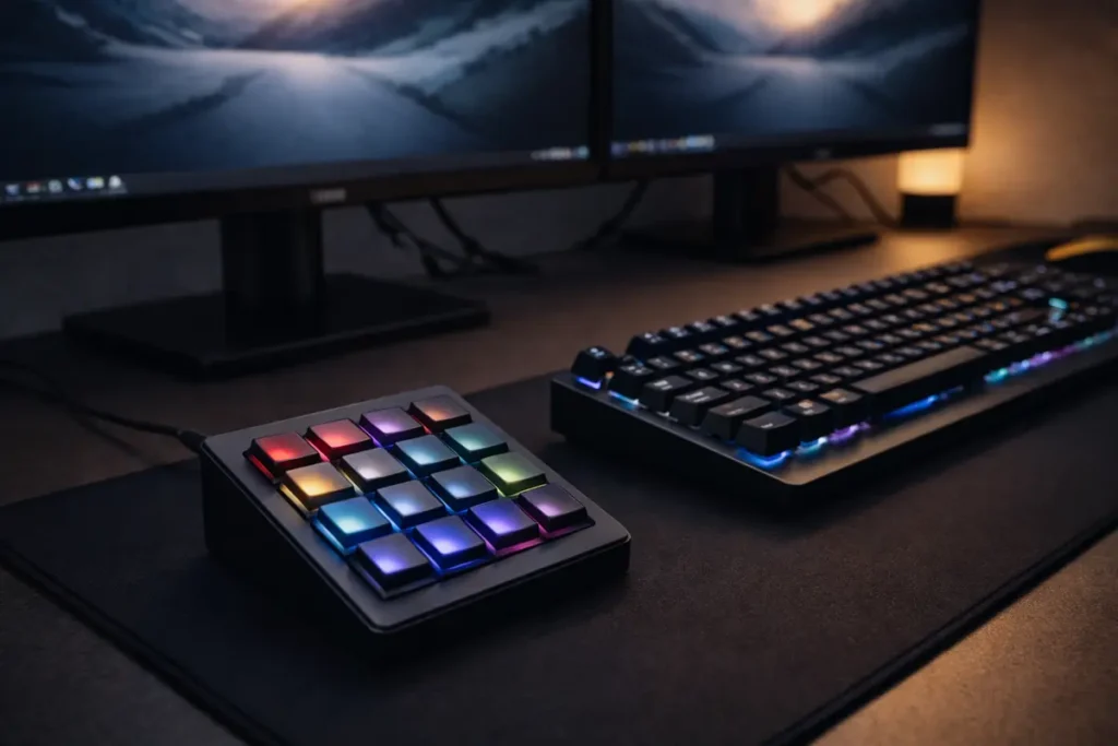 Productivity Gadgets for Home and Office 13 Programmable macro pad with illuminated keys next to mechanical keyboard