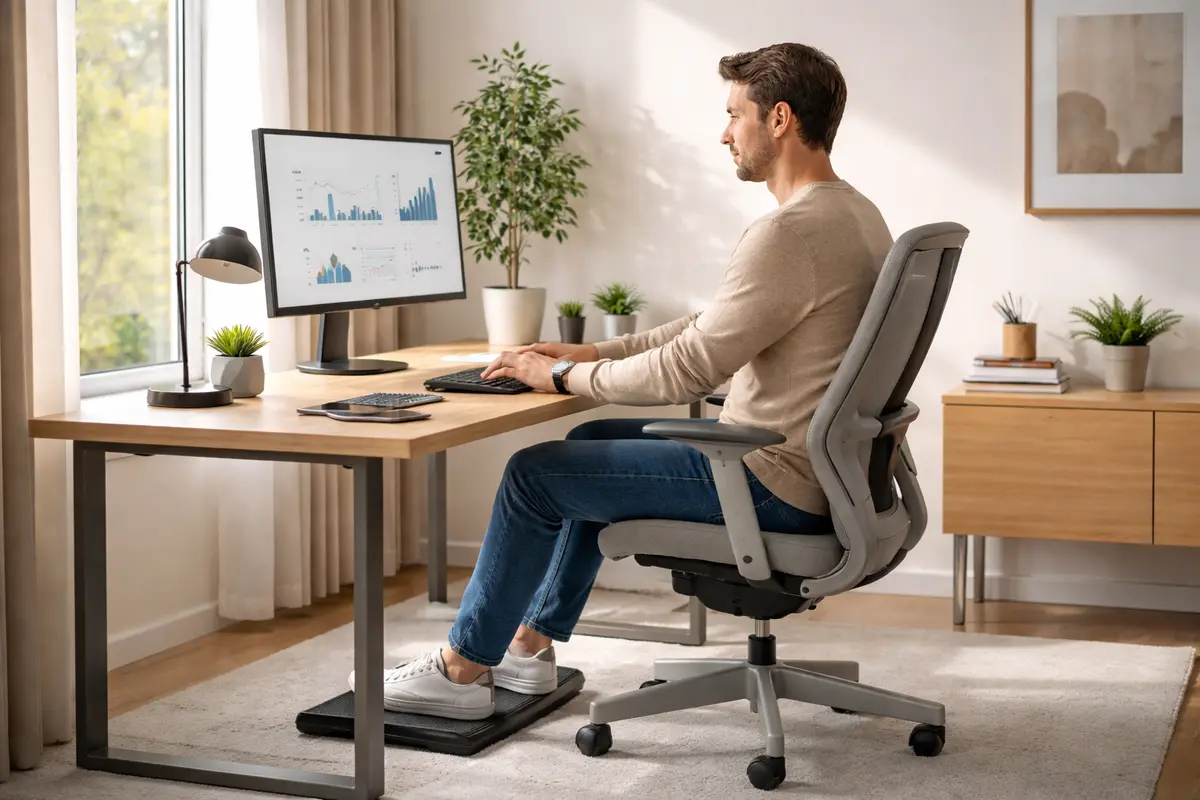 Modern ergonomic home office setup with proper chair, desk, and monitor positioning