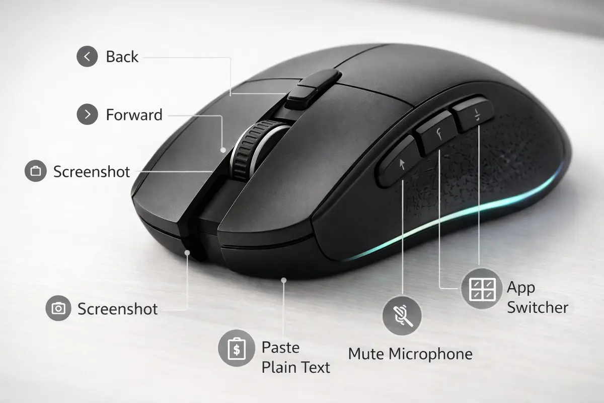 Gaming mouse setup for office productivity with programmable buttons configured for workflow shortcuts