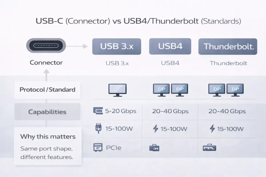 “Connector vs protocol” concept diagram (the core lesson)