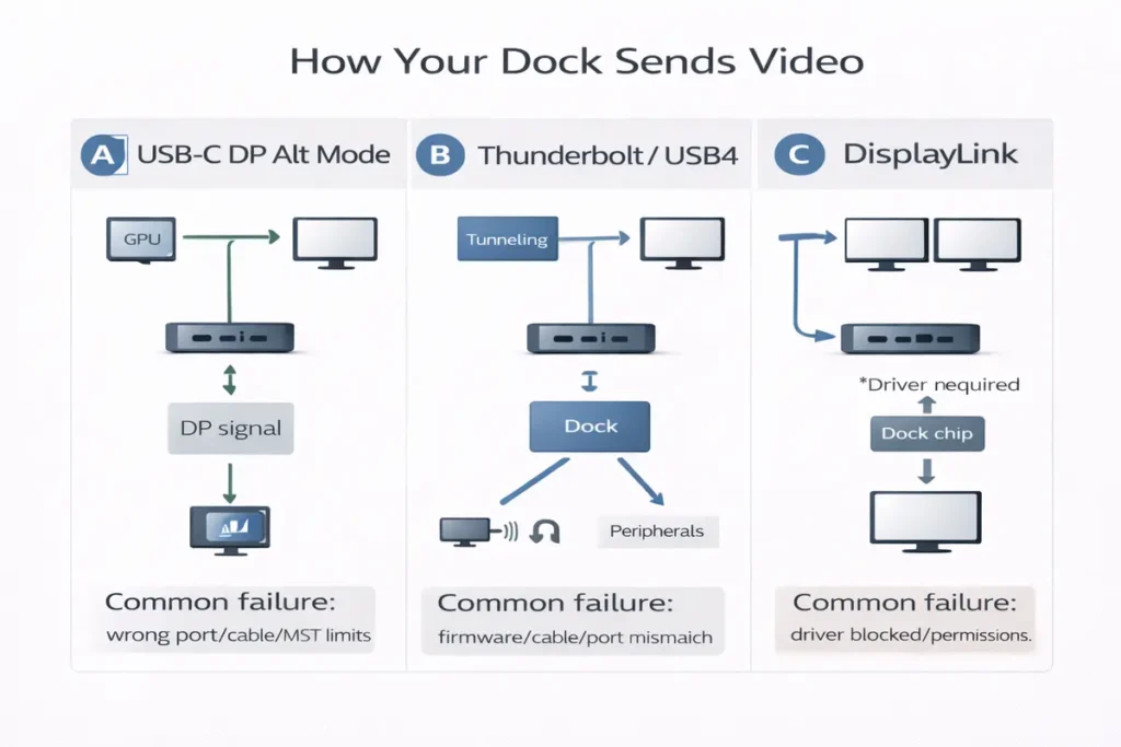 Dock tech map” (DisplayLink vs Alt Mode vs Thunderbolt)