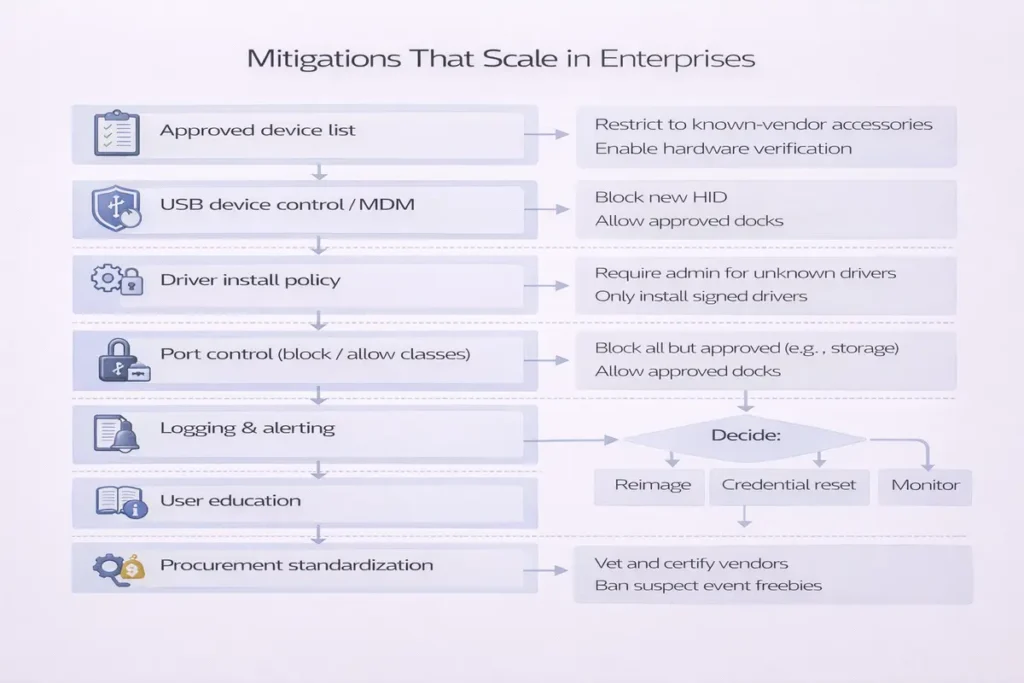 USB Accessories Security Risks (Bad USB, Unknown Devices) + Practical Mitigations 4 Enterprise controls map