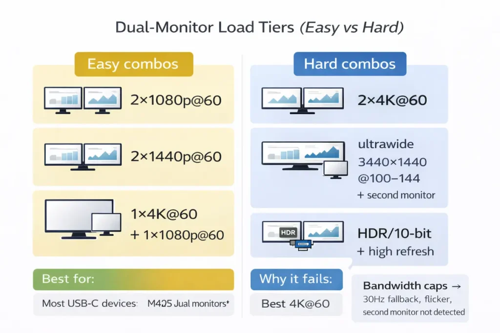 Monitor math tiers: easy vs hard dual-monitor combos