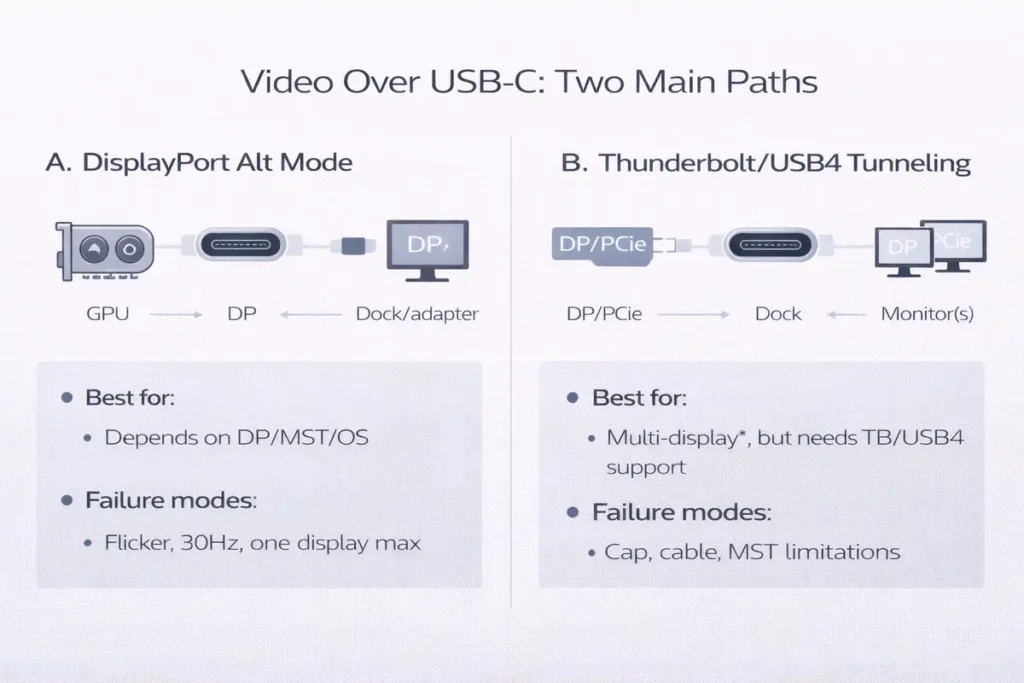 Monitors & video: what travels over USB-C” (Alt Mode vs tunneling)