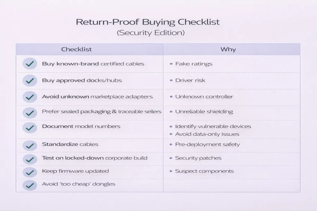 USB Accessories Security Risks (Bad USB, Unknown Devices) + Practical Mitigations 5 Return-proof buying checklist