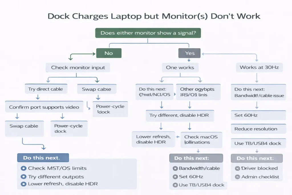 Troubleshooting decision tree” (charges but no display / one monitor only / 30Hz)