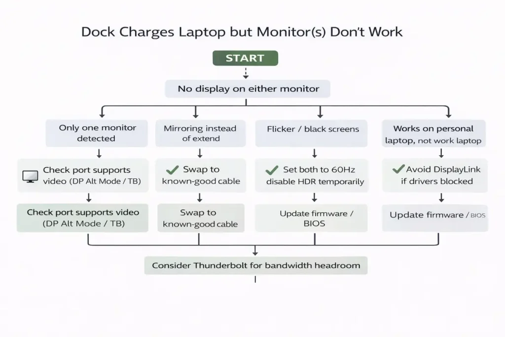 Troubleshooting decision tree: charges but no display / only one monitor