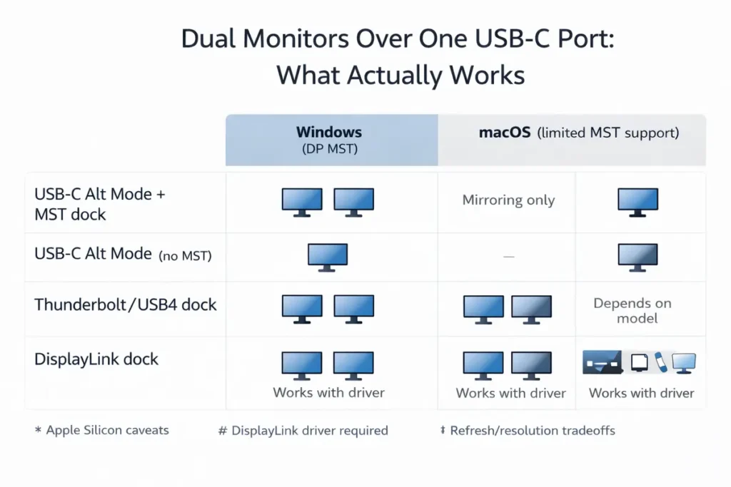 Dual-monitor outcomes matrix (Windows vs macOS)