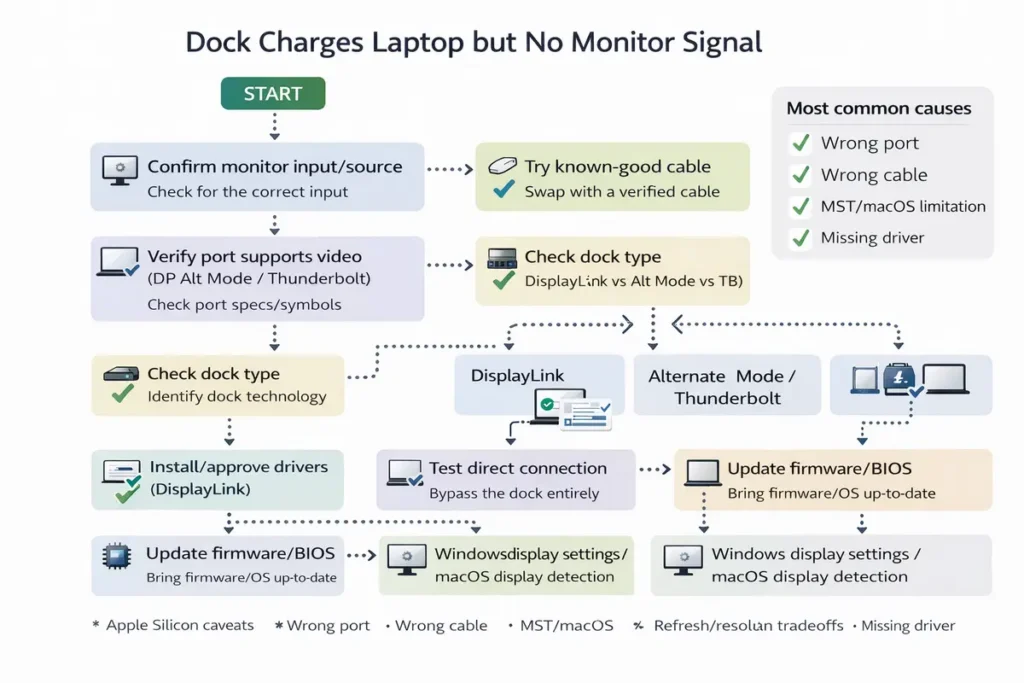 Troubleshooting decision tree: dock charges but no display