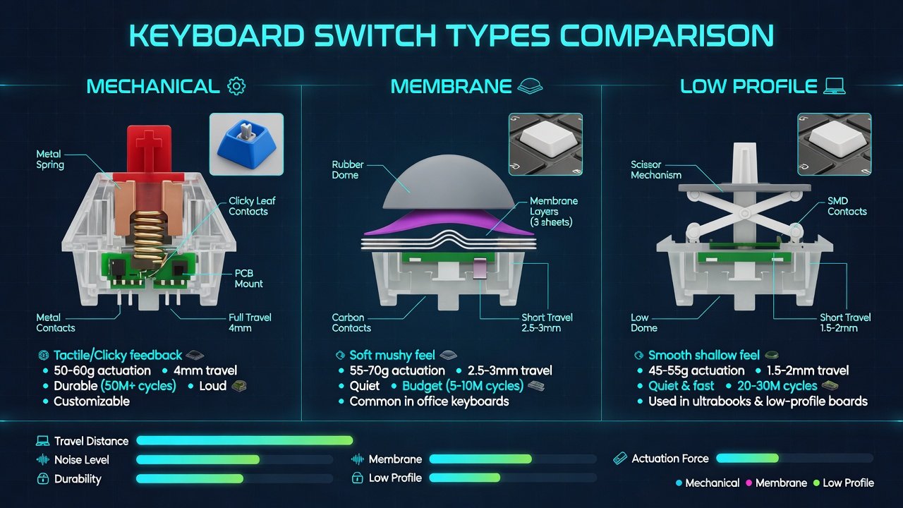 Keyboard and Mouse Setup Guide: 12 Tested Combos That Fixed My Pain 6 Keyboard switch types comparison for keyboard and mouse setup guide — membrane, mechanical, low-profile