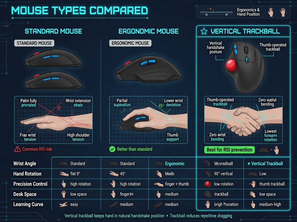 Keyboard and Mouse Setup Guide: 12 Tested Combos That Fixed My Pain 7 Mouse types comparison for keyboard and mouse setup guide — standard, ergonomic, vertical, trackball