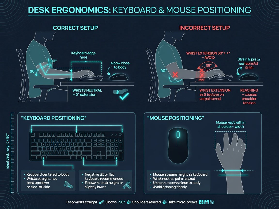 Keyboard and Mouse Setup Guide: 12 Tested Combos That Fixed My Pain 8 Desk ergonomics diagram for keyboard and mouse setup guide — correct wrist and arm positioning