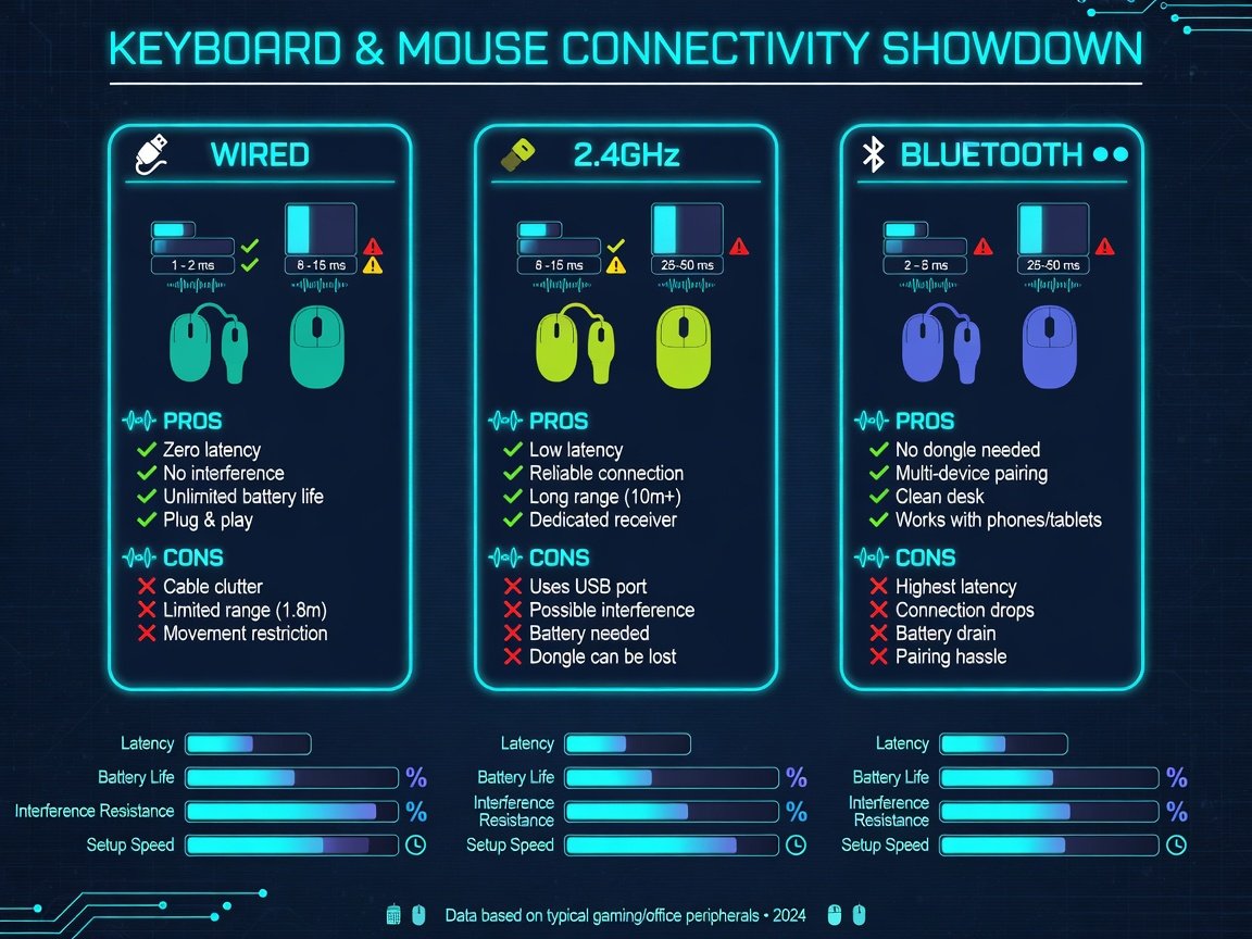 Keyboard and Mouse Setup Guide: 12 Tested Combos That Fixed My Pain 9 Keyboard connectivity comparison for keyboard and mouse setup guide — wired vs 2.4GHz vs Bluetooth