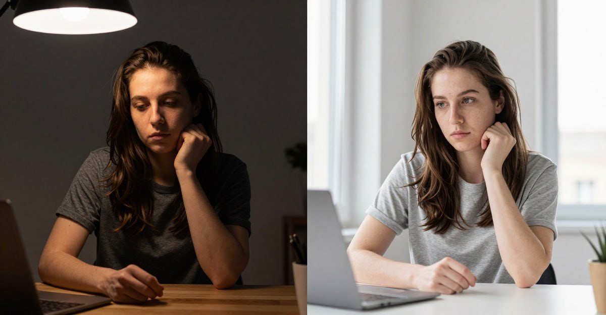 Bad vs good lighting comparison for webcam quality on video calls