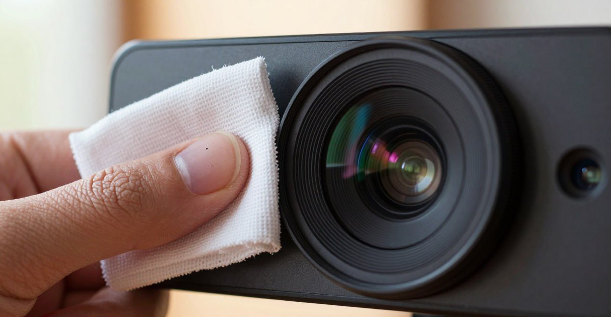 Cleaning webcam lens with microfiber cloth for better video quality