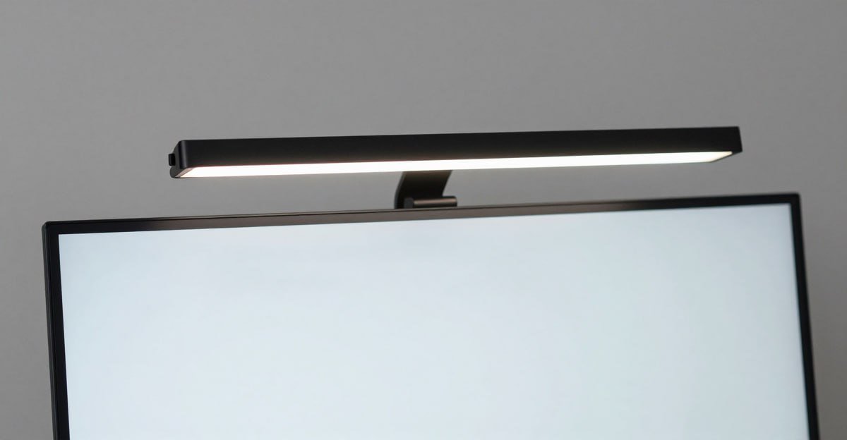 Monitor light bar clipped to monitor for desk lighting setup