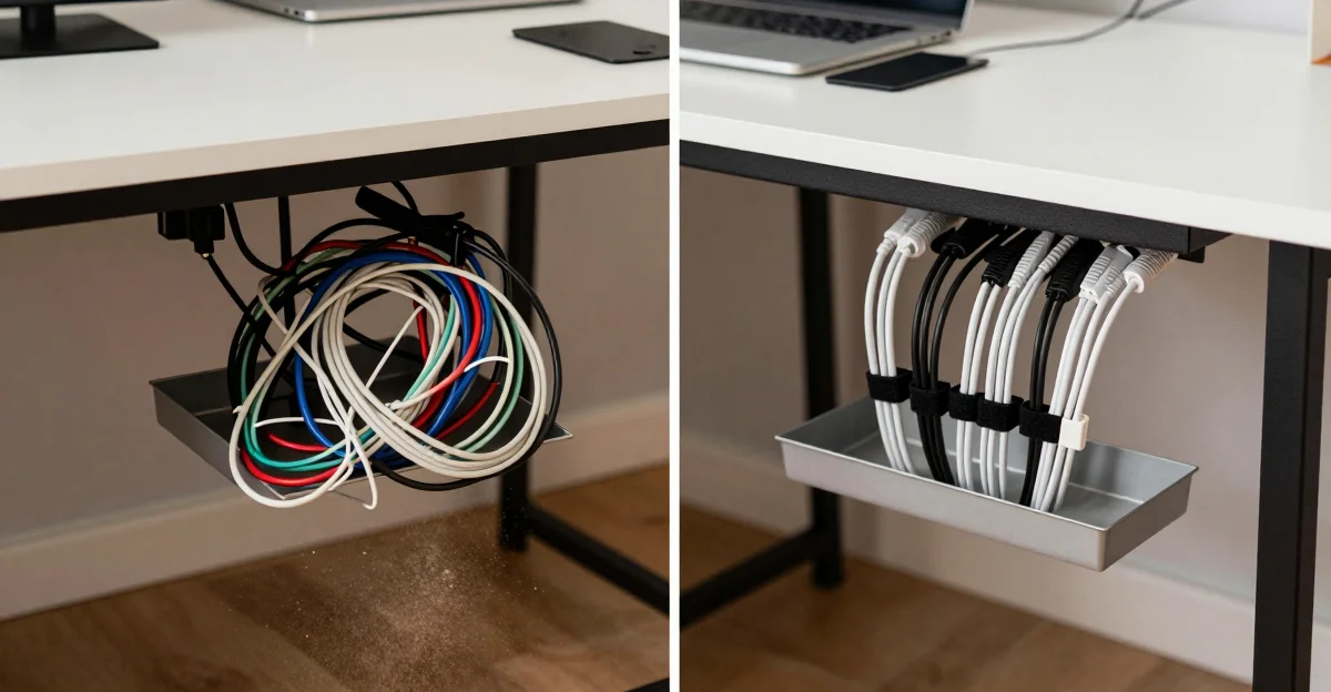 Before and after desk cable management comparison