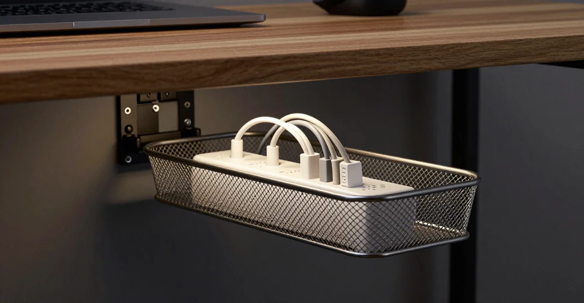 Under desk cable management tray with power strip and cables