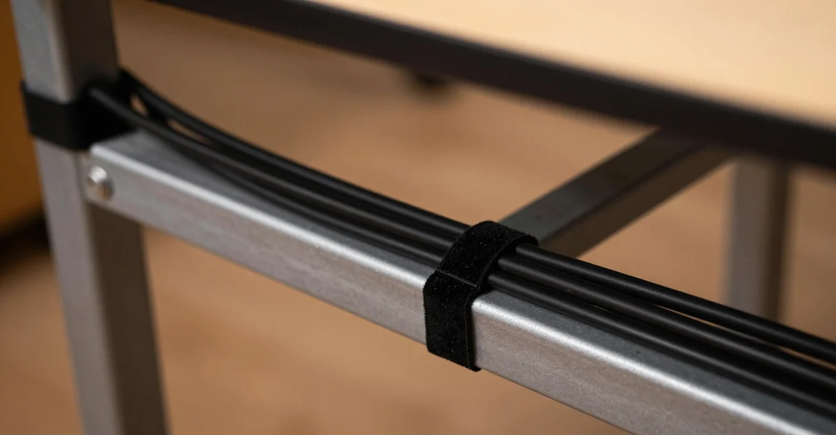 Cables neatly routed along desk frame with velcro ties