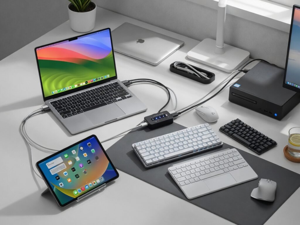 Best Multi-Device Keyboard for Mac, Windows & iPad: Tested (2026) 1 Best multi-device keyboard for Mac Windows and iPad switching - desk setup comparison